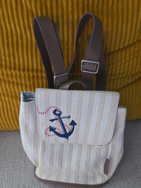Vera Bradley Handbags - Vera Bradley Beige Stripe Mini Backpack with Navy Anchor